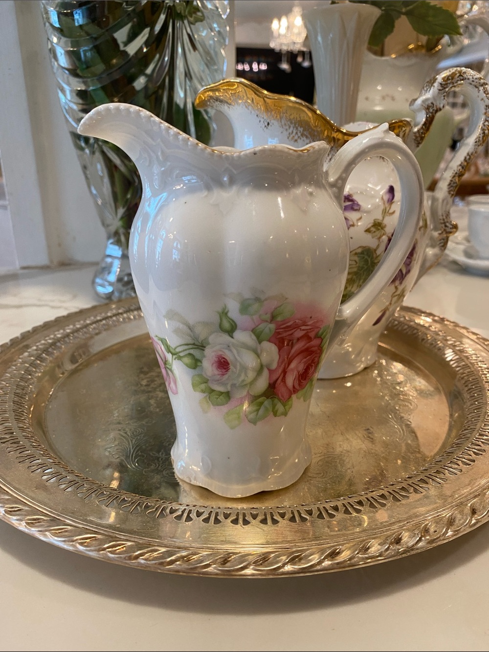 Vintage Floral Porcelain Creamer Pitcher - Pink & Green Roses with Gold Trim